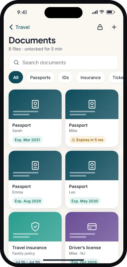 Documents vault unlocked, showing a grid of saved travel documents with expiry badges