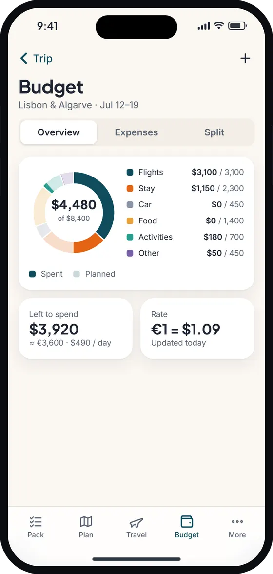 Budget: $4,480 spent of $8,400 across flights, stay, car, food and activities.