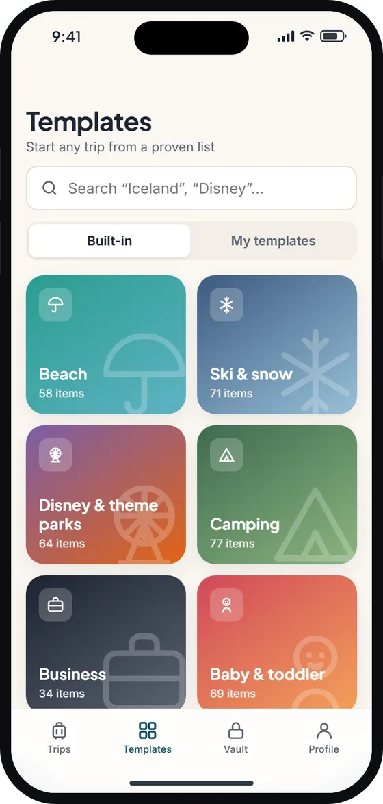 Templates grid with cards for trip types such as Beach, Ski, Disney, Camping, Business, Baby, Road trip and Umrah